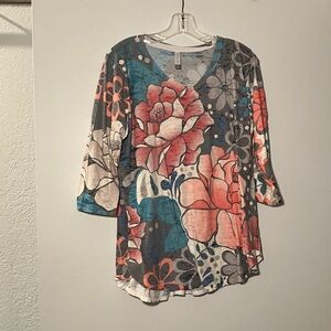 Elegant Floral V-Neck Blouse; Made in USA